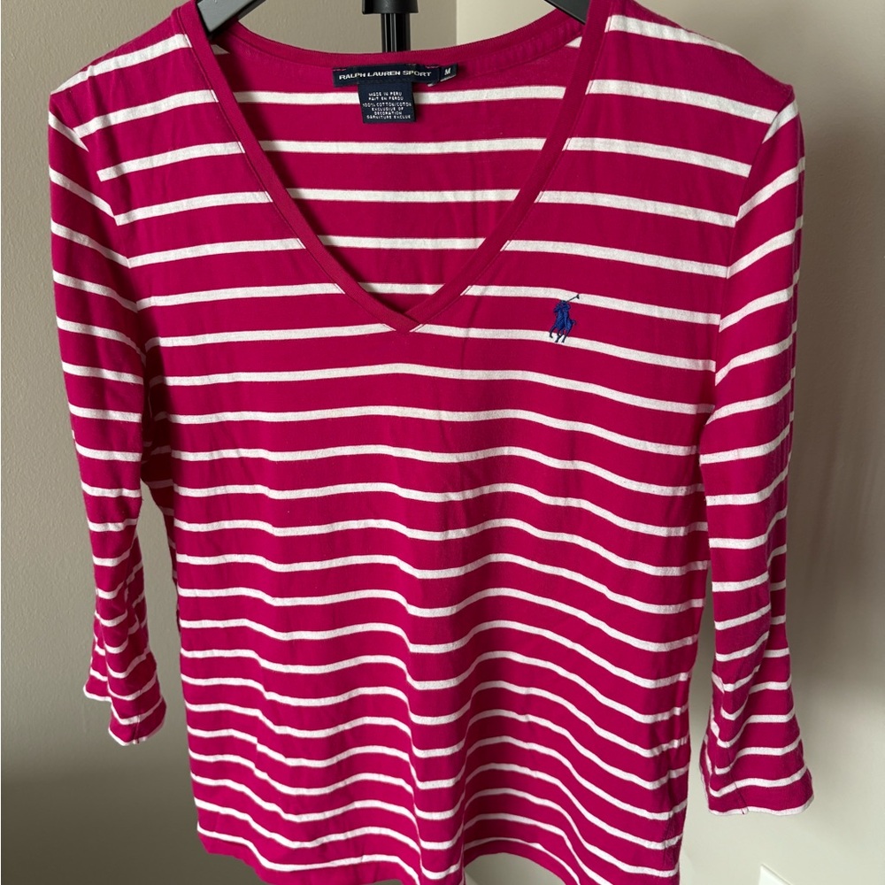 Ralph Lauren Fuchsia and White Striped Long Sleeve Top